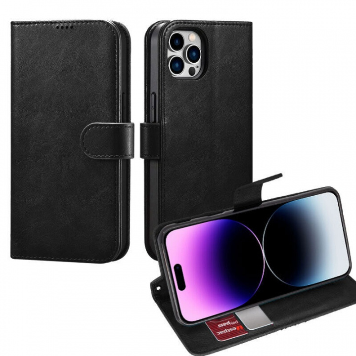 Wallet case in imitation leather with card slot for iPhone 15, Black in de groep SMARTPHONE & TABLETS / Mobielbescherming / Apple / iPhone 15 bij TP E-commerce Nordic AB (38-84266)