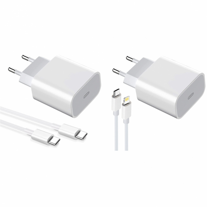 2-pack oplader voor iPhone/Android 20W met USB-C naar Lightning en USB-C - Snellader in de groep SMARTPHONE & TABLETS / Opladers & Kabels / Wandoplader / Wandoplader Type C bij TP E-commerce Nordic AB (38-84294)