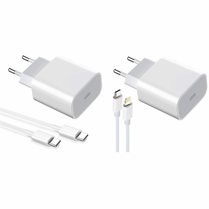 2-pack Oplader voor iPhone/Android 20W met USB-C naar Lightning en USB-C - Snelle oplader in de groep SMARTPHONE & TABLETS / Opladers & Kabels / Wandoplader / Wandoplader Type C bij TP E-commerce Nordic AB (38-84294)