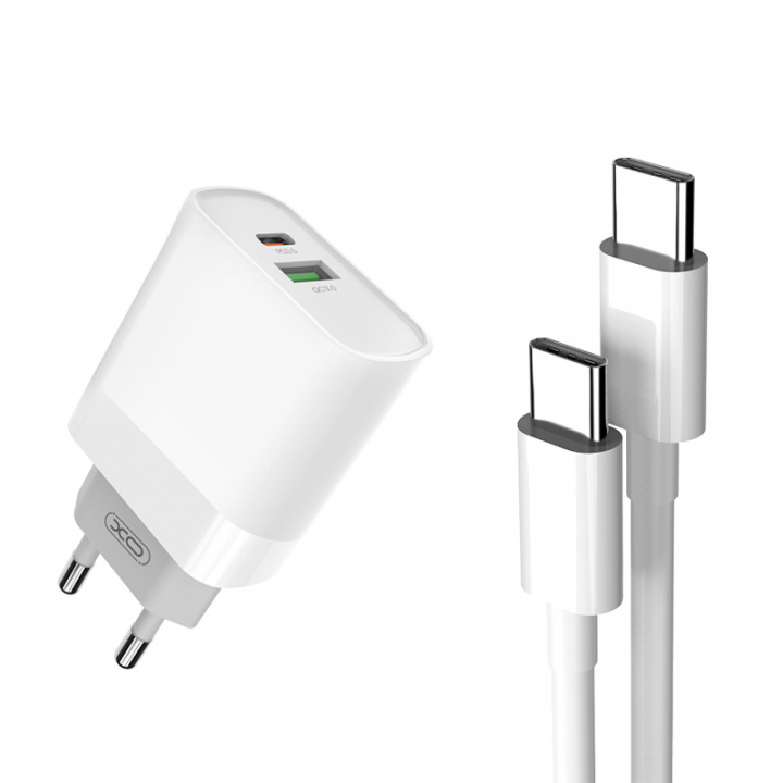 XO väggladdare L64 PD QC3.0 20W 2x USB vit + USB-C - USB-C-kabel in de groep SMARTPHONE & TABLETS / Opladers & Kabels / Wandoplader / Wandoplader Type C bij TP E-commerce Nordic AB (38-86680)