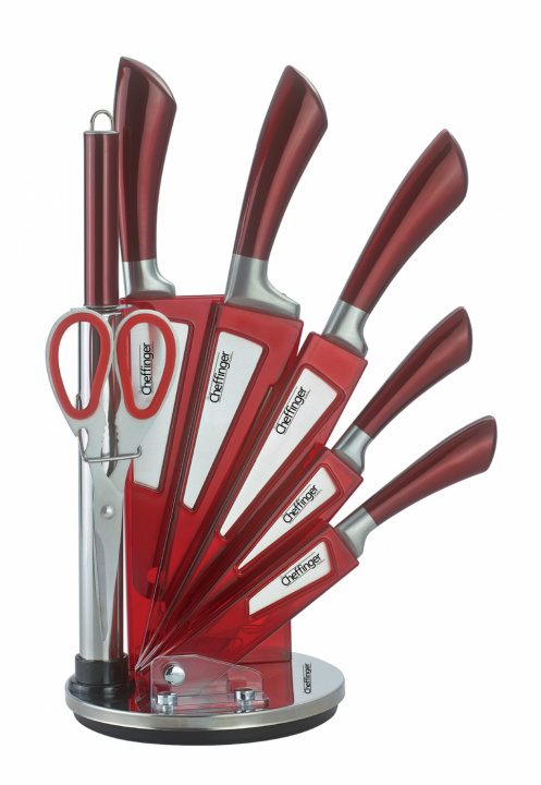 Cheffinger 8pc Stainless steel knives in Acrylic stand, Red in de groep HUISHOUDEN & TUIN / Keukengerei / Keukenmessen & accessoires bij TP E-commerce Nordic AB (38-86723)