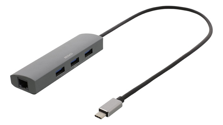 DELTACO USB-C Hub and Network Adapter, USB-C ha, RJ45 ho, 3xUSB-A 3.0, in de groep COMPUTERS & RANDAPPARATUUR / Netwerk / Netwerkkaarten / USB bij TP E-commerce Nordic AB (38-93645)