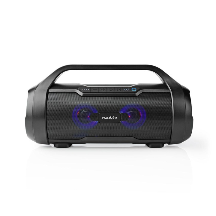 Nedis Bluetooth® Party Boombox | 6 uur | 2.0 | 120 W | Media afspeelmogelijkheden: AUX / Micro-SD / USB | IPX5 | Koppelbaar | Handgreep | Feestverlichting | Zwart in de groep HOME ELECTRONICS / Audio & Beeld / Luidsprekers & accessoires / Bluetooth-luidsprekers / Draagbare luidsprekers bij TP E-commerce Nordic AB (38-93752)