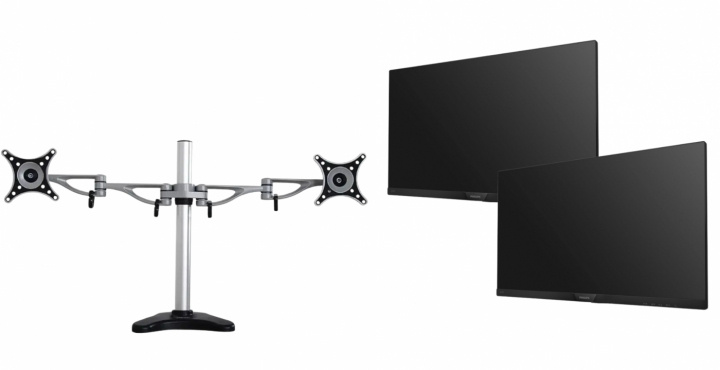 Dual-monitor skrivbordsfäste och två skärmar från Philips Pre-owned, Grade B in de groep COMPUTERS & RANDAPPARATUUR / Computermonitor / Monitorarmen & steunen bij TP E-commerce Nordic AB (38-94852)