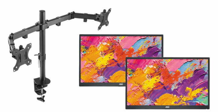 Dual-monitor skrivbordsfäste och två skärmar från AOC - Pre-owned, Klass A in de groep COMPUTERS & RANDAPPARATUUR / Computermonitor / Monitorarmen & steunen bij TP E-commerce Nordic AB (38-94854)