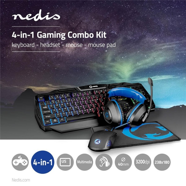 Nedis Gaming Combo Kit | 4-in-1 | Toetsenbord, Koptelefoon, Muis en Muismat | Blauw / Zwart | QWERTY | US Internationaal in de groep COMPUTERS & RANDAPPARATUUR / GAMING / Muizen bij TP E-commerce Nordic AB (38-95114)