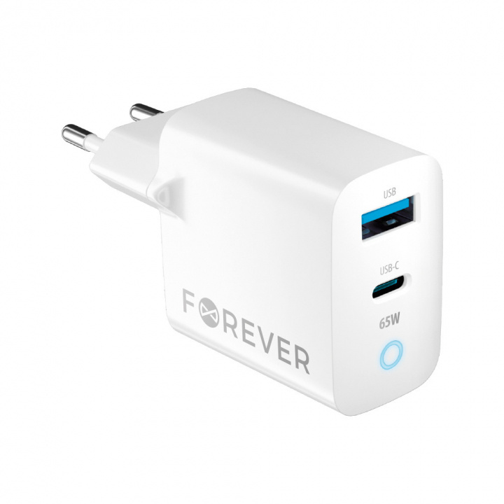 Forever GaN TC-06-65AC PD QC charger 1x USB-C 1x USB 65W white in de groep SMARTPHONE & TABLETS / Opladers & Kabels / Wandoplader / Wandoplader USB bij TP E-commerce Nordic AB (38-96940)