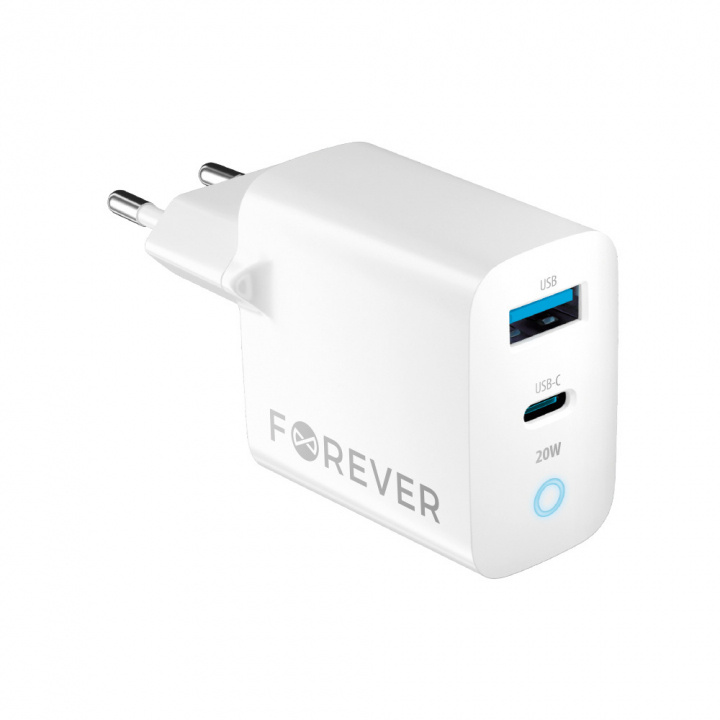 Forever TC-06-20AC PD QC charger 1x USB-C 1x USB 20W white in de groep SMARTPHONE & TABLETS / Opladers & Kabels / Wandoplader / Wandoplader USB bij TP E-commerce Nordic AB (38-96941)
