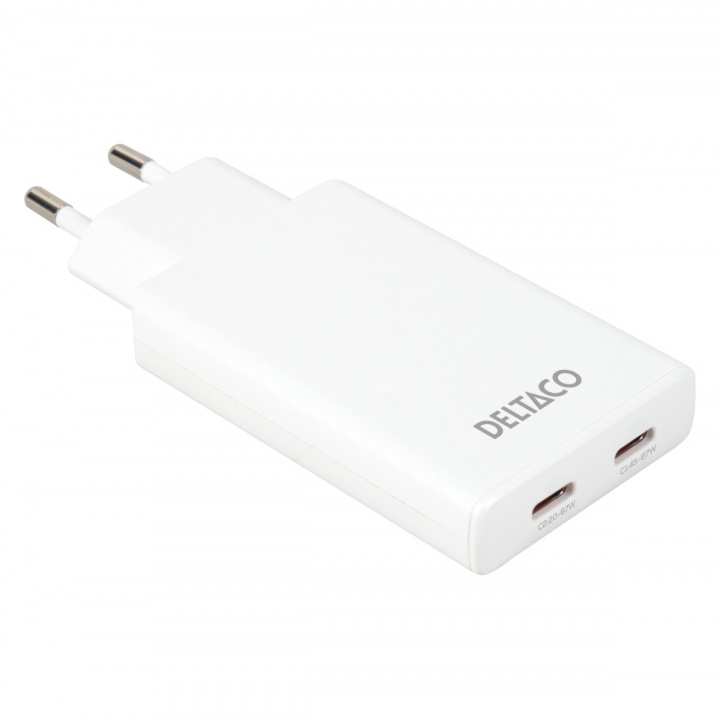 DELTACO USB-C väggladdare 67 W, 2x USB-C PD, slimmad storlek, total effekt 67 W in de groep SMARTPHONE & TABLETS / Opladers & Kabels / Wandoplader / Wandoplader Type C bij TP E-commerce Nordic AB (38-97684)