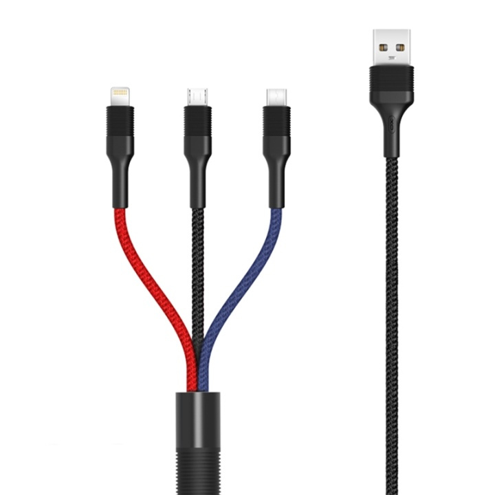 XO NB54, 3i1 USB - Lightning, USB-C, microUSB Laddkabel (3A) 1,2m in de groep SMARTPHONE & TABLETS / Opladers & Kabels / Kabels / Kabels microUSB bij TP E-commerce Nordic AB (38-99054)