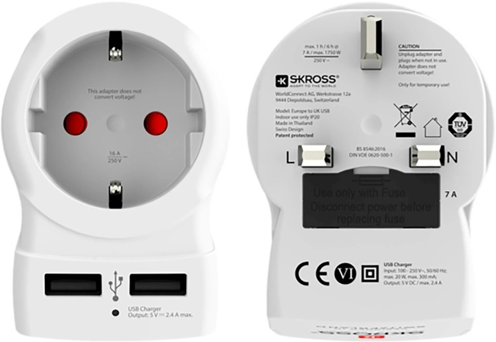 Skross reseadapter för Storbritannien med USB in de groep HUISHOUDEN & TUIN / Elektriciteit & Verlichting / Reisadapters bij TP E-commerce Nordic AB (38-99265)