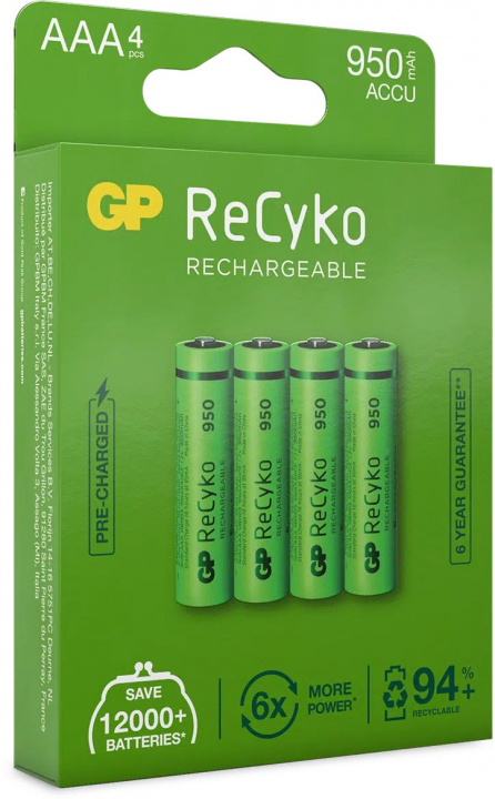 GP ReCyko AAA-batteri, 950 mAh, 4-pack in de groep HOME ELECTRONICS / Batterijen & Opladers / Oplaadbare batterijen / AAA bij TP E-commerce Nordic AB (38-99860)