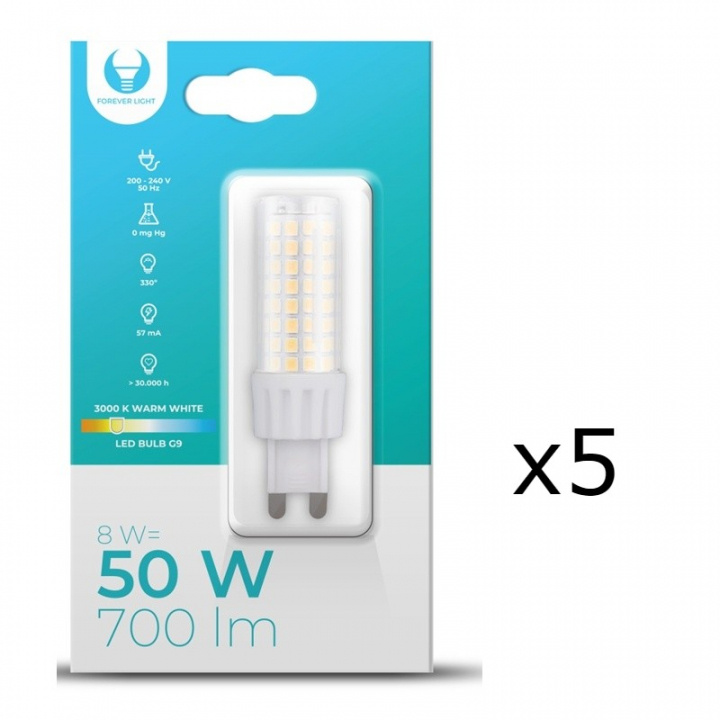 LED-Lampa, G9, 8W, 230V, 3000K, 5-pack, Varmvitt in de groep HOME ELECTRONICS / Verlichting / LED-lampen bij TP E-commerce Nordic AB (A08708-PKT05)