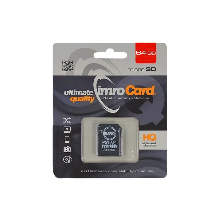 IMRO Minneskort, MicroSDXC, 64GB, class 10, UHS-I, + Adapter in de groep HOME ELECTRONICS / Opslagmedia / Geheugenkaarten / MicroSD/HC/XC bij TP E-commerce Nordic AB (A08713)