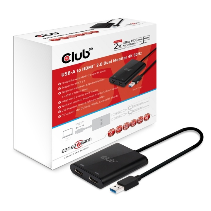 CLUB3D USB A to HDMIT 2.0 Dual Monitor 4K 60Hz in de groep HOME ELECTRONICS / Kabels & Adapters / HDMI / Adapters bij TP E-commerce Nordic AB (A13948)