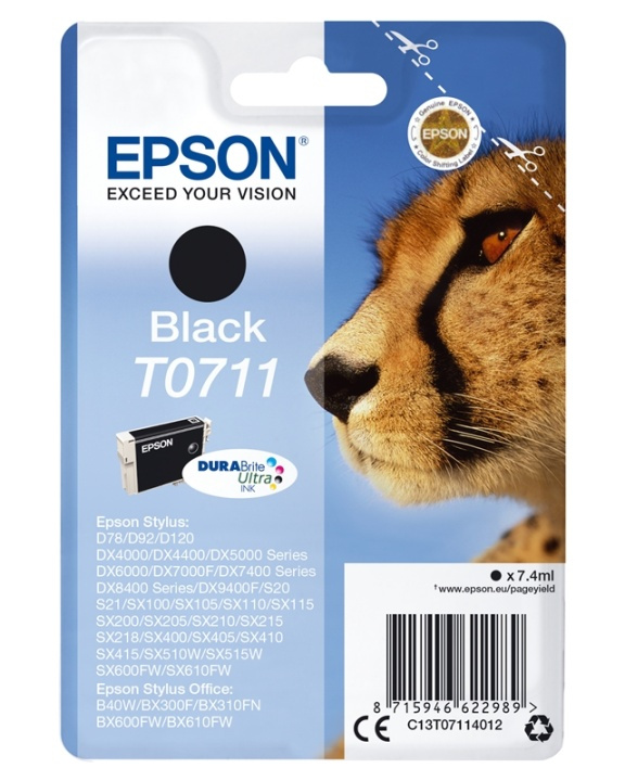 Epson Cheetah Enpack svart T0711 DURABrite Ultra-bläck in de groep COMPUTERS & RANDAPPARATUUR / Printers & Accessoires / Inkt & Toner / Inktpatronen / Epson bij TP E-commerce Nordic AB (A14131)