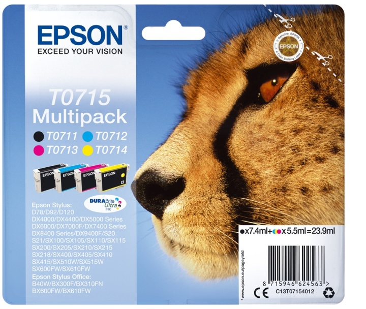 Epson Flerpack 4 färger T0715 DURABrite Ultra-bläck in de groep COMPUTERS & RANDAPPARATUUR / Printers & Accessoires / Inkt & Toner / Inktpatronen / Epson bij TP E-commerce Nordic AB (A14133)