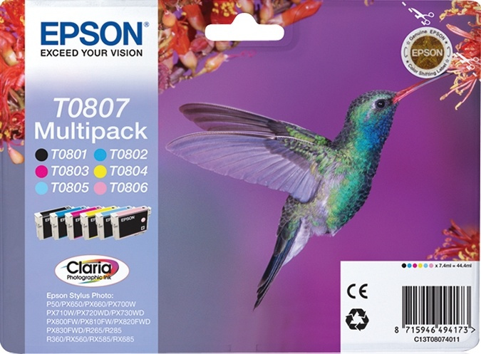 Epson Hummingbird Flerpack 6 färger T0807 Claria Photographic-bläck in de groep COMPUTERS & RANDAPPARATUUR / Printers & Accessoires / Inkt & Toner / Inktpatronen / Epson bij TP E-commerce Nordic AB (A14134)