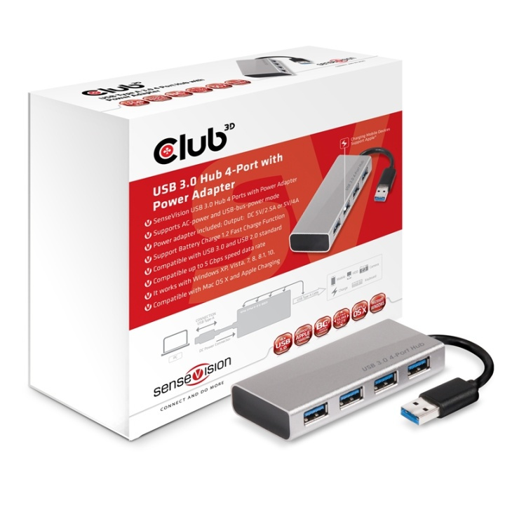 CLUB3D USB 3.0 Hub 4-Port with Power Adapter in de groep COMPUTERS & RANDAPPARATUUR / Laptops & accessoires / Docking station bij TP E-commerce Nordic AB (A14579)