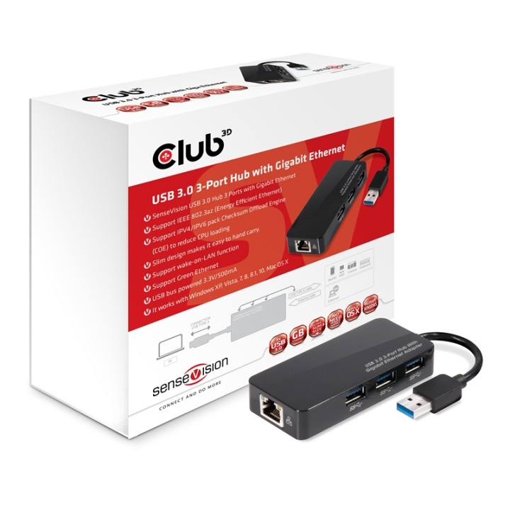 CLUB3D USB 3.0 Hub 3-Port with Gigabit Ethernet in de groep COMPUTERS & RANDAPPARATUUR / Computeraccessoires / USB-hubs bij TP E-commerce Nordic AB (A14581)