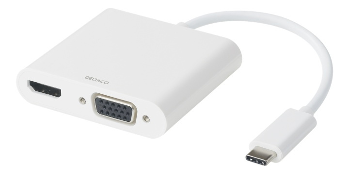 DELTACO USB-C docking station, HDMI/VGA/USB-C, 100W USB-C PD 3.0, whit in de groep COMPUTERS & RANDAPPARATUUR / Laptops & accessoires / Docking station bij TP E-commerce Nordic AB (A16582)