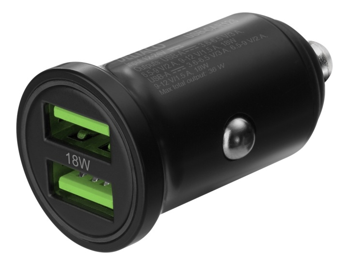 DELTACO USB car charger, 2x USB-A 18 W, fast charging, 36 W total in de groep SMARTPHONE & TABLETS / Opladers & Kabels / Autoladers / Autoladers USB bij TP E-commerce Nordic AB (A16664)