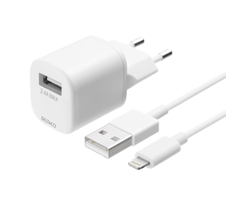 DELTACO USB wall charger, USB-A, 2,4 A, incl. 1 m USB-A to Lightning in de groep SMARTPHONE & TABLETS / Opladers & Kabels / Wandoplader / Wandoplader USB bij TP E-commerce Nordic AB (A16670)