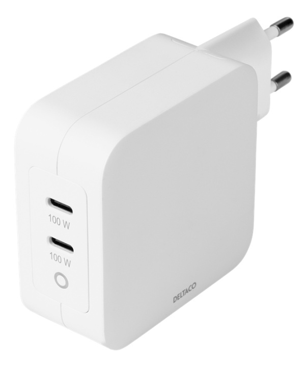 DELTACO USB-C wall charger, GaN technology, 2x USB-C PD, total 100 W in de groep SMARTPHONE & TABLETS / Opladers & Kabels / Wandoplader / Wandoplader USB bij TP E-commerce Nordic AB (A16674)