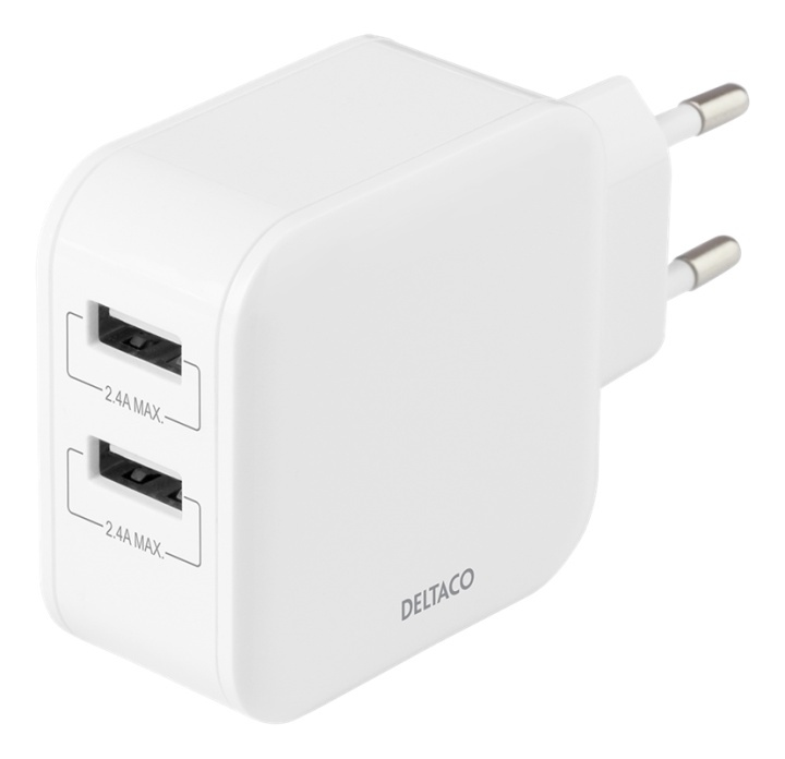 DELTACO Wall charger with dual USB-A ports, 4.8 A, 24 W, white in de groep SMARTPHONE & TABLETS / Opladers & Kabels / Wandoplader / Wandoplader USB bij TP E-commerce Nordic AB (A16717)