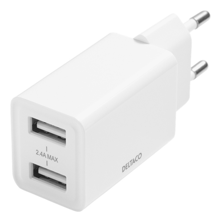 DELTACO USB wall charger, 2x USB-A, 2,4 A, total 12 W, white in de groep SMARTPHONE & TABLETS / Opladers & Kabels / Wandoplader / Wandoplader USB bij TP E-commerce Nordic AB (A17219)