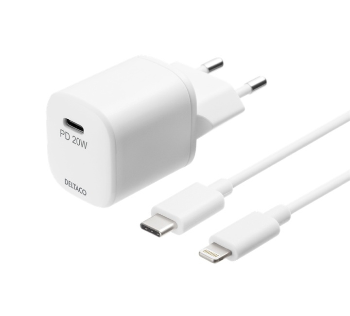 DELTACO USB wall charger, USB-C, PD 20 W, including 1 m C to Lightning in de groep SMARTPHONE & TABLETS / Opladers & Kabels / Wandoplader / Wandoplader USB bij TP E-commerce Nordic AB (A17220)