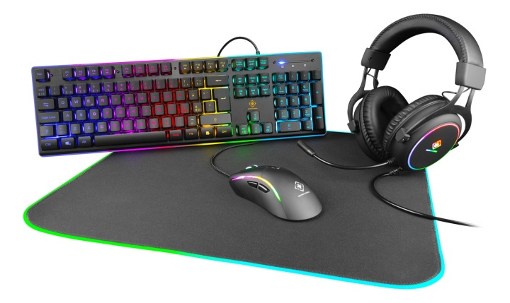 DELTACO GAMING 4in1 RGB-kit met toetsenbord, muis, koptelefoon, muismat in de groep COMPUTERS & RANDAPPARATUUR / Muizen en toetsenborden / Toetsenborden / Pakket bij TP E-commerce Nordic AB (A17314)