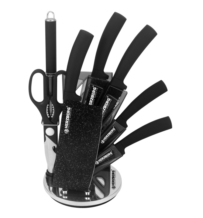 Herzberg 8 Pieces Knife Set with Acrylic Stand - Black Marble in de groep HUISHOUDEN & TUIN / Keukengerei / Keukenmessen & accessoires bij TP E-commerce Nordic AB (A19976)