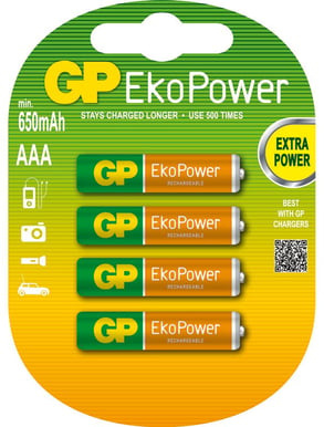 GP Batteri EkoPower AAA 650mAh 4-pack in de groep HOME ELECTRONICS / Batterijen & Opladers / Batterijen / AAA bij TP E-commerce Nordic AB (A23029)