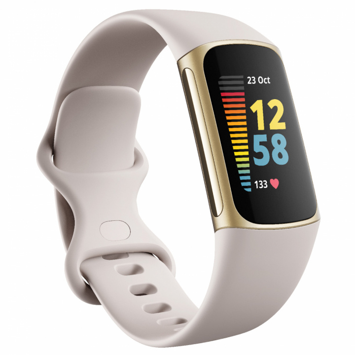 Fitbit Charge 5, Lunar White / Soft Gold Stainless Steel in de groep SPORT, VRIJE TIJD & HOBBY / Smartwatch & Activiteitsmeters / Activiteitsarmbanden bij TP E-commerce Nordic AB (C02751)