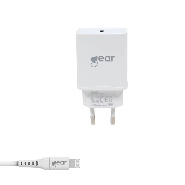 GEAR charger 220V 1xUSB-C PD 30W cable Lightning USB-C MFI C94 in de groep SMARTPHONE & TABLETS / Opladers & Kabels / Wandoplader / Wandoplader Type C bij TP E-commerce Nordic AB (C03931)