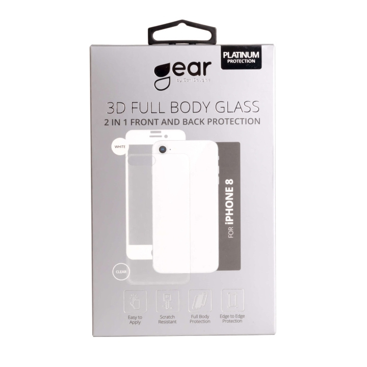 GEAR Glass Prot. 3D 2in1 Front & Back iPhone 8 Edge to Edge White with Clear Back in de groep SMARTPHONE & TABLETS / Mobielbescherming / Apple / iPhone 8 / Screen Protectors bij TP E-commerce Nordic AB (C04219)