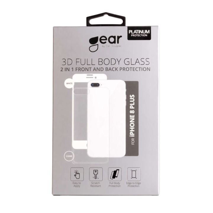 GEAR Glass Prot. 3D 2in1 Front & Back iPhone 8 Plus Edge to Edge White with Clear Back in de groep SMARTPHONE & TABLETS / Mobielbescherming / Apple / iPhone 8 Plus / Screen Protectors bij TP E-commerce Nordic AB (C04221)