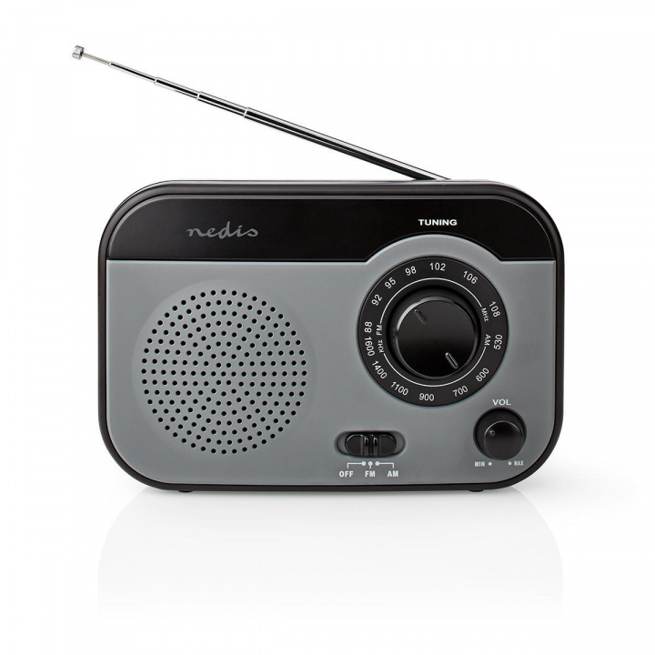 Nedis FM-Radio | Draagbaar Model | AM / FM | Batterij Gevoed / Netvoeding | Analoog | 1.8 W | Zwart-Wit Scherm | Koptelefoonoutput | Handgreep | Grijs / Zwart in de groep HOME ELECTRONICS / Audio & Beeld / Thuisbioscoop, Hifi en Draagbaar / Radio & Wekkers / Draadloze audiozender bij TP E-commerce Nordic AB (C04396)