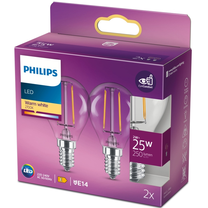 Philips 2-pack LED E14 Klot 2W (25W) Klar 250lm in de groep HOME ELECTRONICS / Verlichting / LED-lampen bij TP E-commerce Nordic AB (C13203)