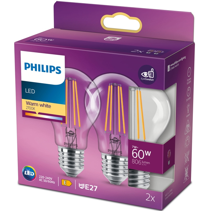 Philips 2-pack LED E27 Normal 7W (60W) Klar 806lm in de groep HOME ELECTRONICS / Verlichting / LED-lampen bij TP E-commerce Nordic AB (C13204)