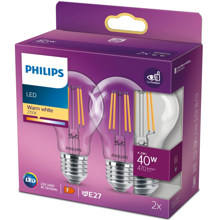 Philips 2-pack LED E27 Normal 4,3W (40W) Klar 470lm in de groep HOME ELECTRONICS / Verlichting / LED-lampen bij TP E-commerce Nordic AB (C13206)