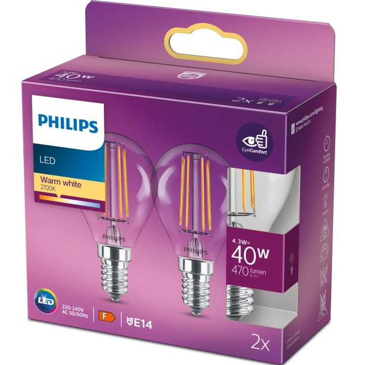Philips 2-pack LED E14 Klot 4,3W (40W) Klar 250lm in de groep HOME ELECTRONICS / Verlichting / LED-lampen bij TP E-commerce Nordic AB (C13207)