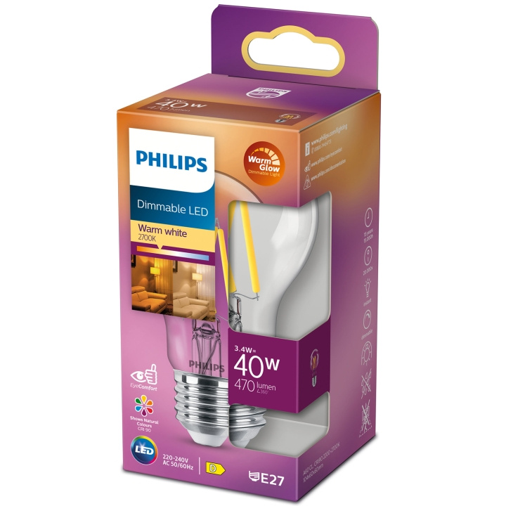 Philips LED E27 Normal 3,4W (40W) Klar Dim WarmGl 470 in de groep HOME ELECTRONICS / Verlichting / LED-lampen bij TP E-commerce Nordic AB (C13208)