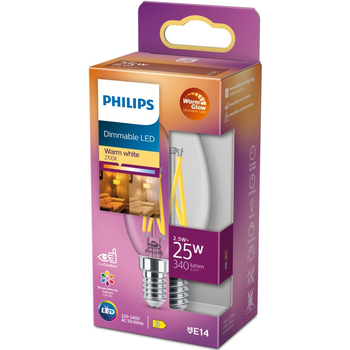 Philips LED E14 Kron 2,5W (25W) Klar Dim WarmGlow 340 in de groep HOME ELECTRONICS / Verlichting / LED-lampen bij TP E-commerce Nordic AB (C13209)