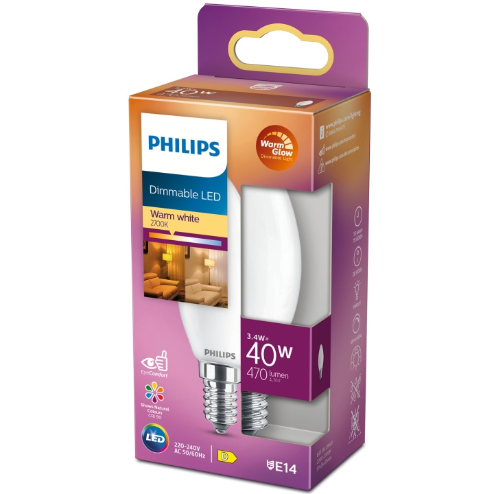 Philips LED E14 Kron 3,4W (40W) Frost Dim WarmGl 470 in de groep HOME ELECTRONICS / Verlichting / LED-lampen bij TP E-commerce Nordic AB (C13212)