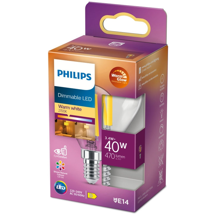 Philips LED E14 Klot 3,4W (40W) Klar Dim WarmGlow 470 in de groep HOME ELECTRONICS / Verlichting / LED-lampen bij TP E-commerce Nordic AB (C13213)