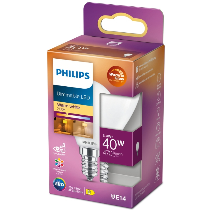 Philips LED E14 Klot 3,4W (40W) Frost Dim WarmGl 470 in de groep HOME ELECTRONICS / Verlichting / LED-lampen bij TP E-commerce Nordic AB (C13214)