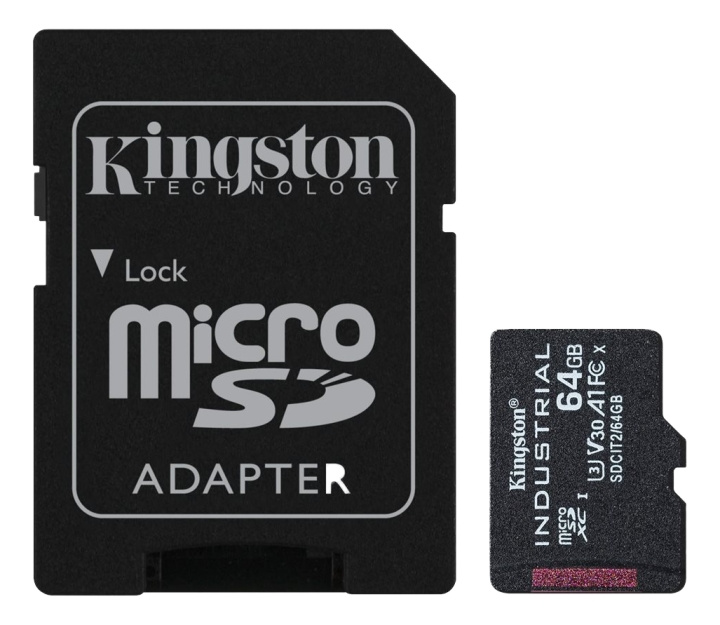 Kingston 64GB microSDXC Industrial C10 A1 pSLC Card + SD Adapter in de groep HOME ELECTRONICS / Opslagmedia / Geheugenkaarten / MicroSD/HC/XC bij TP E-commerce Nordic AB (C16839)