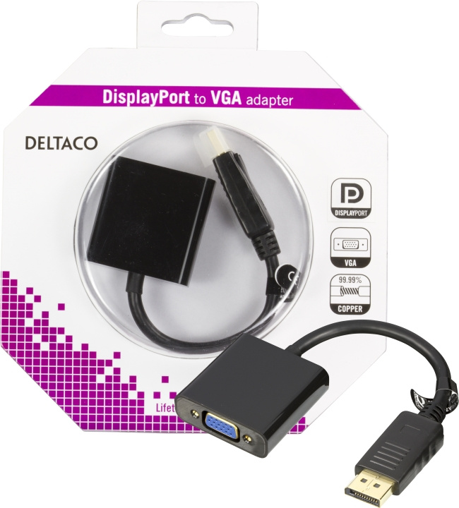 DELTACO DisplayPort till VGA-adapter, Full HD i 60Hz, 0,2m, Svart in de groep COMPUTERS & RANDAPPARATUUR / Computerkabels / DisplayPort / Adapters bij TP E-commerce Nordic AB (C17859)